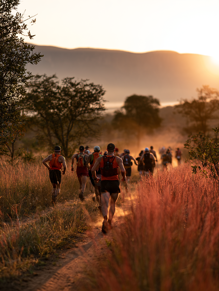 Trail runners on a Lowveld dirt track at sunrise
