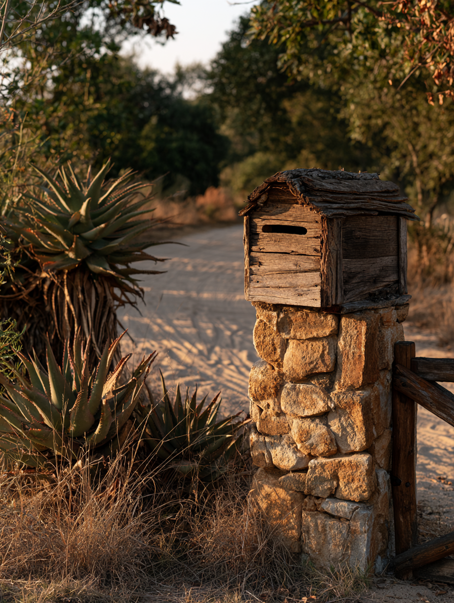 Rustic wooden post box on a Lowveld road